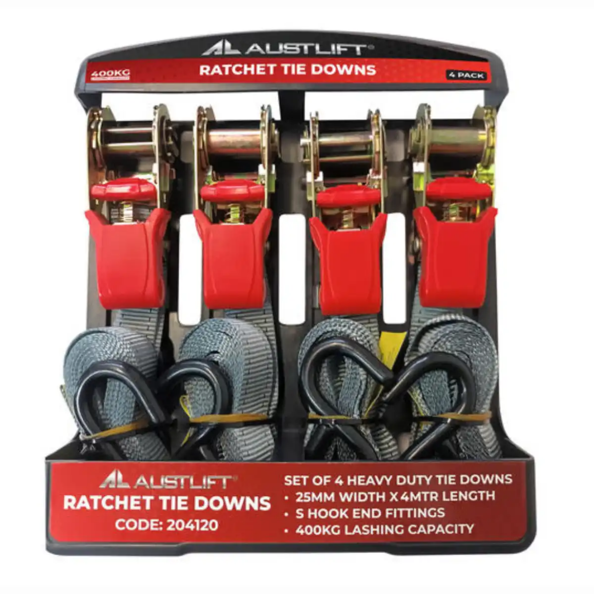 Picture of Ratchet Tie Down, 25mm x 3m, S Hooks, LC400kg, Heavy Duty, Pkt.4