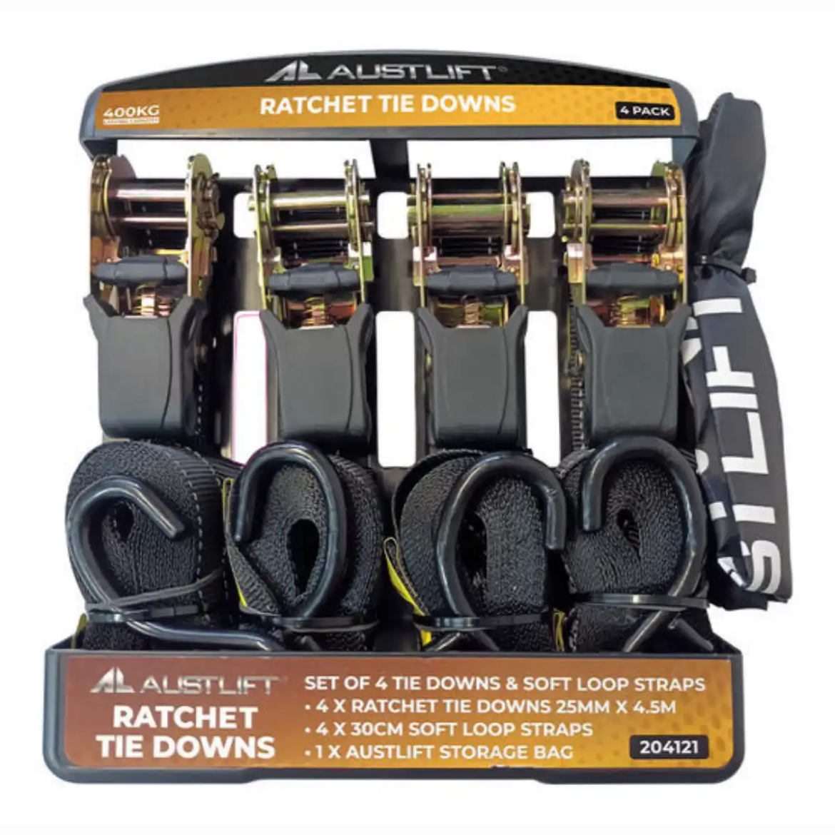 Picture of Ratchet Tie Down, 25mm x 4.5m, S Hooks, LC400kg, Heavy Duty, Pkt.4 Short Straps + Storage Bag