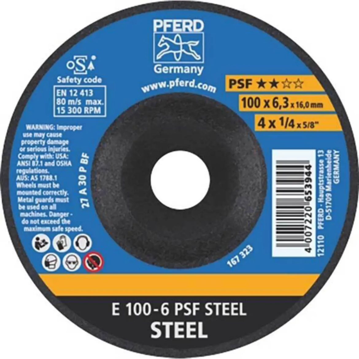 Picture of GRINDING WHEEL 4", E 100-6 PSF STEEL/16, DEPRESSED CENTRE