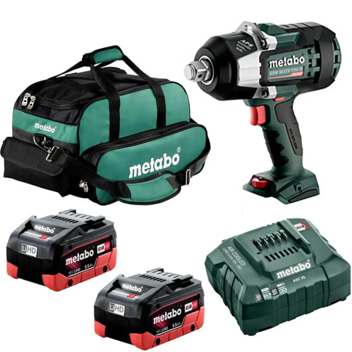 Picture of METABO Kit, 3/4" Impact Wrench, 18V Brushless, 1750 Nm, SSW 18 LTX 1750 BL, c/w 2 x 5.5AH LiHD batteries, & Charger & Bag