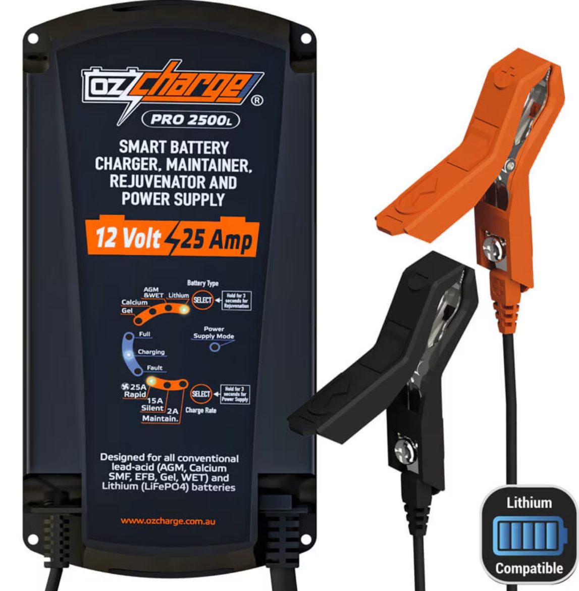 Picture of 12V/25A Pro Series Battery Charger and Maintainer Lead-Acid + Lithium, OzCharge