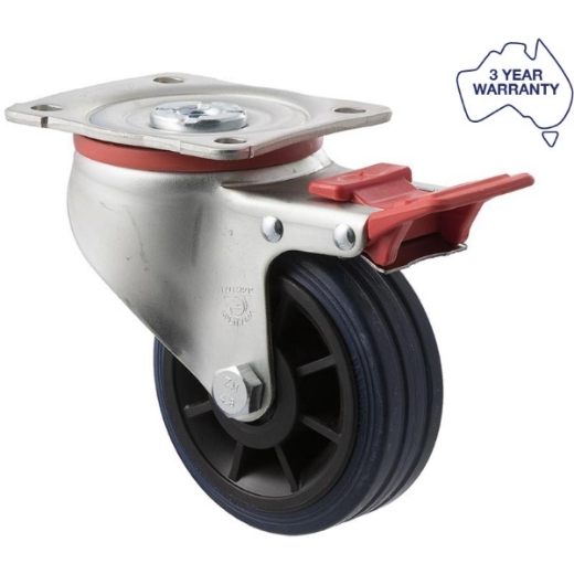 Picture of Castor, 100mm x 32mm Blue Rubber Wheel, Swivel with Brake, 150kg rated