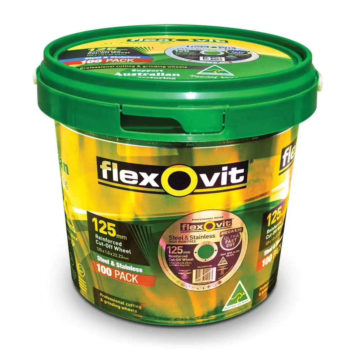 Picture of CUT OFF WHEEL 125 x 1.0 x 22.2mm, MEGA INOX, Aussie Made Tub, 100 Discs ON SPECIAL, (RRP $441/tub)