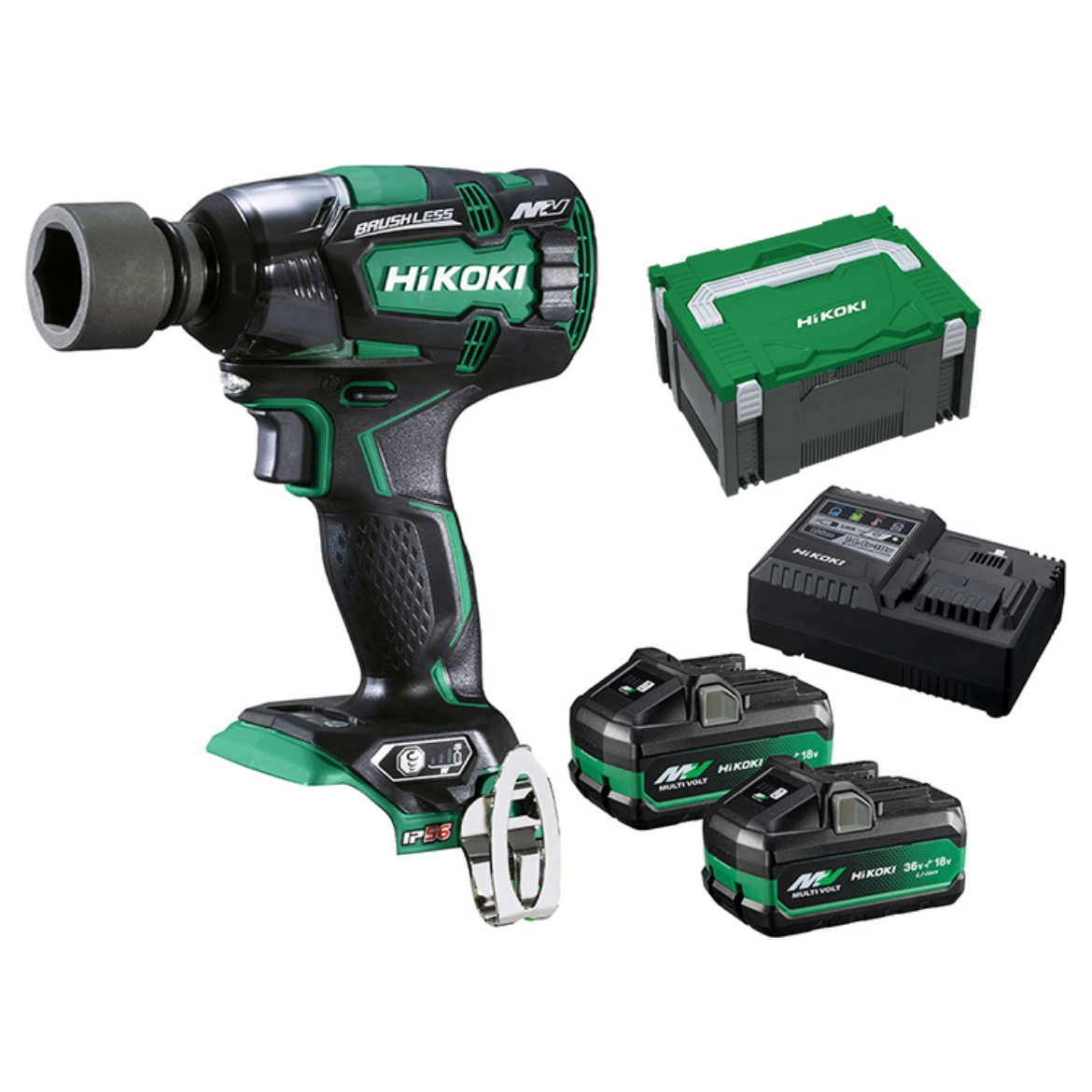 Picture of HiKOKI Impact Wrench Kit, 1 x WR36DF 36V Brushless High Torque 19mm (3/4") Impact Wrench with Nut Busting Torque
2 x BSL36A18X 18V 5.0Ah / 36V 2.5Ah MultiVolt Battery
1 x UC18YSL3 18V Rapid Charger with USB port
1 x Stackable Case