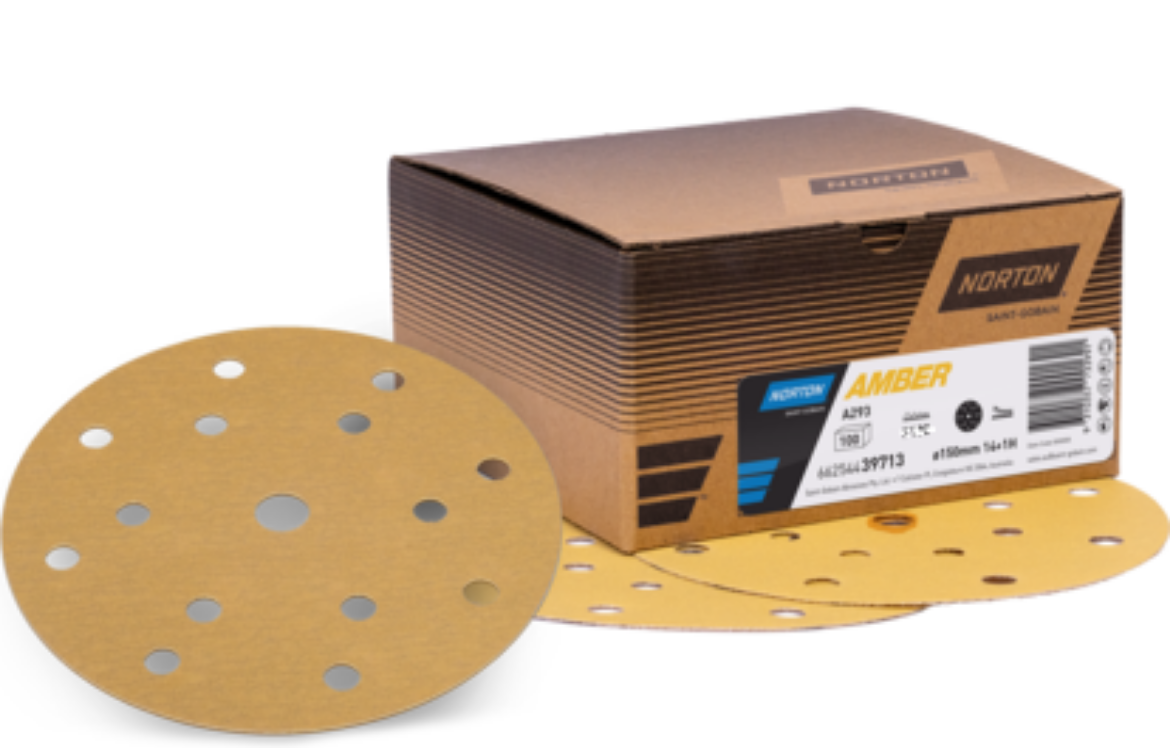 Picture of NORTON, Sanding Disc, 150mm x 14+1H - P120 AMBER NO-FIL SPEED-GRIP DISCS A293, Velcro Backed