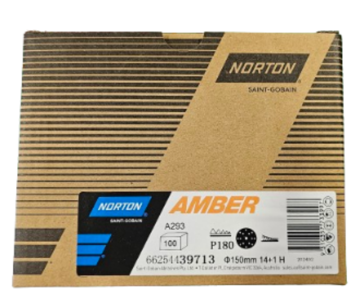 Picture of NORTON, Sanding Disc, 150mm x 14+1H - P180 AMBER NO-FIL SPEED-GRIP DISCS A293, Velcro Backed