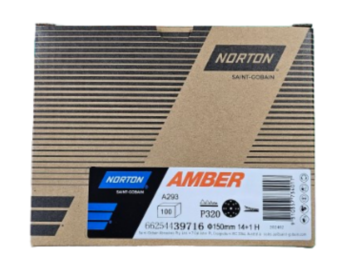 Picture of NORTON, Sanding Disc, 150mm x 14+1H - P320 AMBER NO-FIL SPEED-GRIP DISCS A293, Velcro Backed