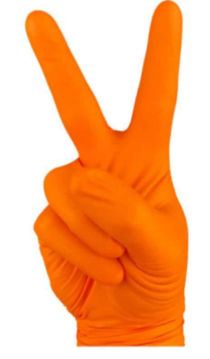 Picture of DISPOSABLE ORANGE HEAVY DUTY NITRILE POWDER FREE GLOVES - LGE, 100 PER BOX