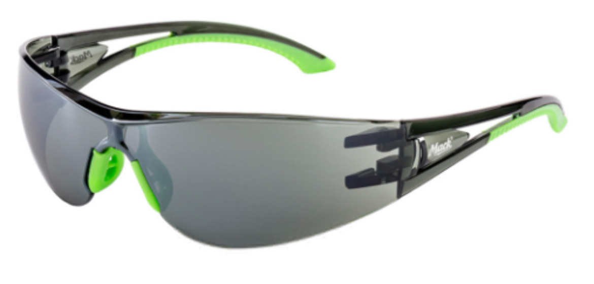 Picture of Mack VX2 Smoke Safety Glasses, Vented side arms, No metal parts, Crystal Smoke Mirror (Green), Anti Scratch/Anti-Fog