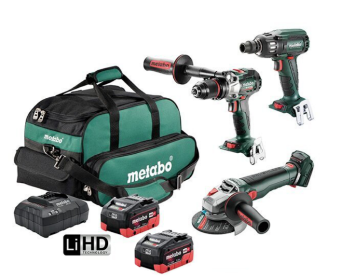 Picture of METABO Kit, 3pce, 18V Brushless LTX Class Hammer Drill 130 Nm + 18V BL 1/2" Impact Wrench Maximum Torque 400 Nm + 18V BL 125mm Angle Grinder with Brake & Quick Locking Nut. Equivalent 1100W(1 X 5.5 Ah LiHD Battery Packs, ASC 55 Air-Cooled Charger, Small Heavy Duty Tool Bag)
