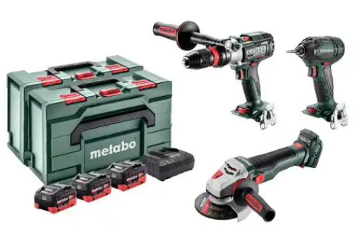 Picture of METABO Kit, 3pce, 18V Brushless, Hammer Drill, Grinder, Impact Driver
• Hammer Drill 3-Speed Quick Plus SB 18 LTX-3 BL Q I Metal
• 200 Nm 1/4” Impact Driver SSD 18 LTX 200 BL
• 125 mm Angle Grinder WB 18 LTX BL 15-125 Quick
• 3 x 5.5 Ah LiHD DS Battery Packs
• Air-Cooled Charger ASC 55
• metaBOX 165 L with deep drawn inlay