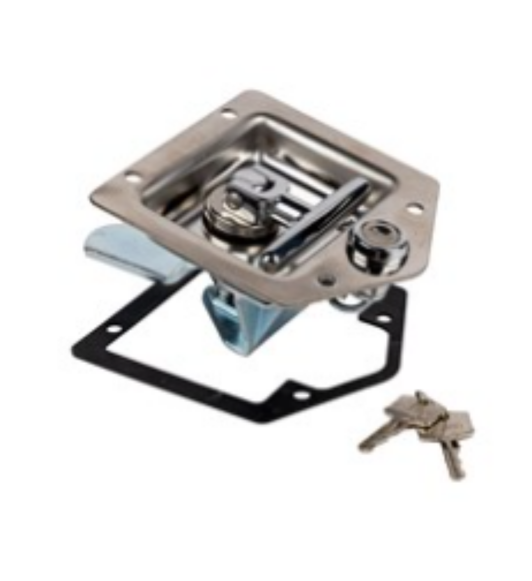 Picture of Drop T Lock, H/D, Bent Tongue, locking, Polished S/S with chrome handle and hub