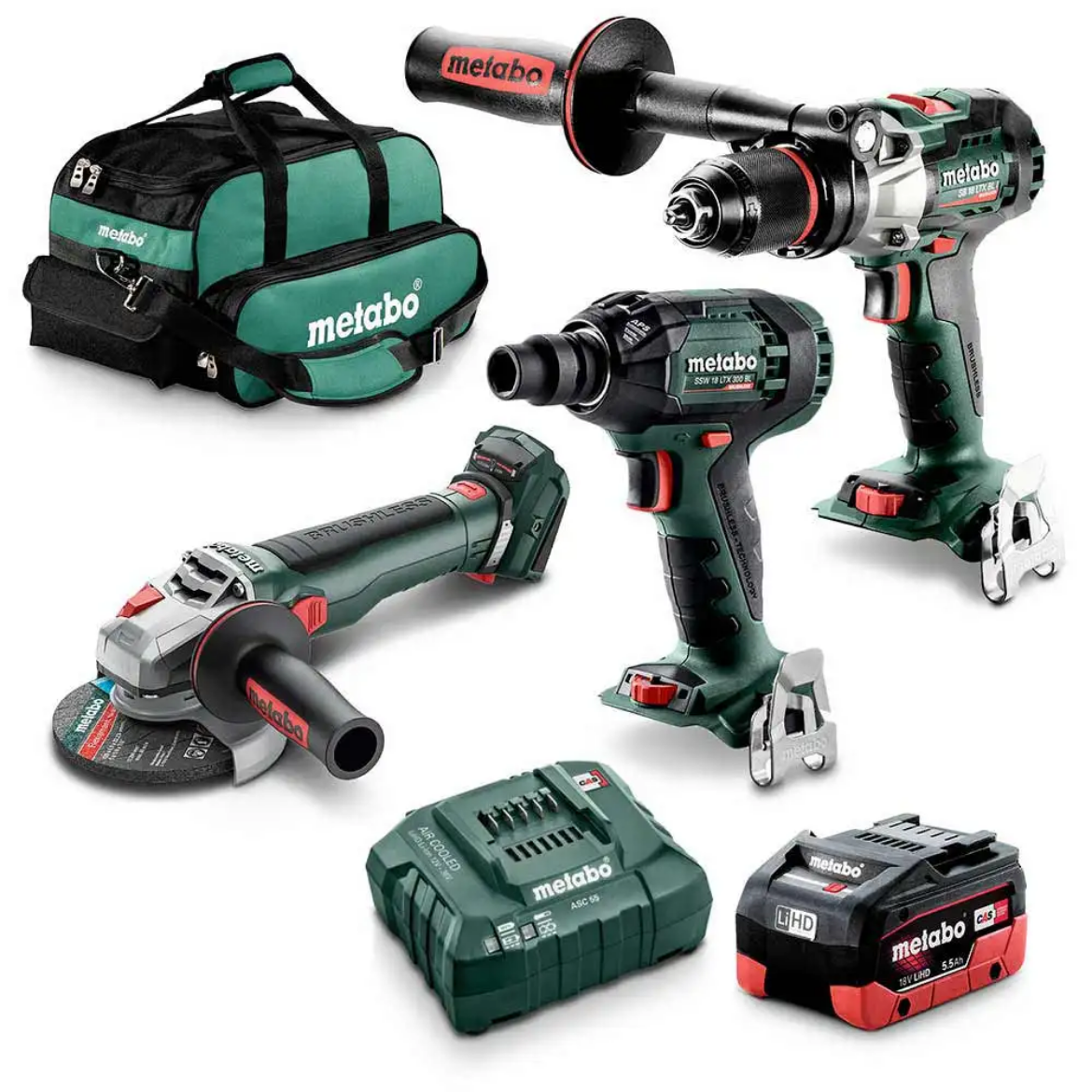 Picture of METABO Kit, 3pce, 18V Brushless LTX Class Hammer Drill 130 Nm + 18V BL 1/2" Impact Wrench Maximum Torque 400 Nm + 18V BL 125mm Angle Grinder with Brake & Quick Locking Nut. Equivalent 1100W
(1 X 5.5 Ah LiHD Battery Packs, ASC 55 Air-Cooled Charger, Small Heavy Duty Tool Bag)