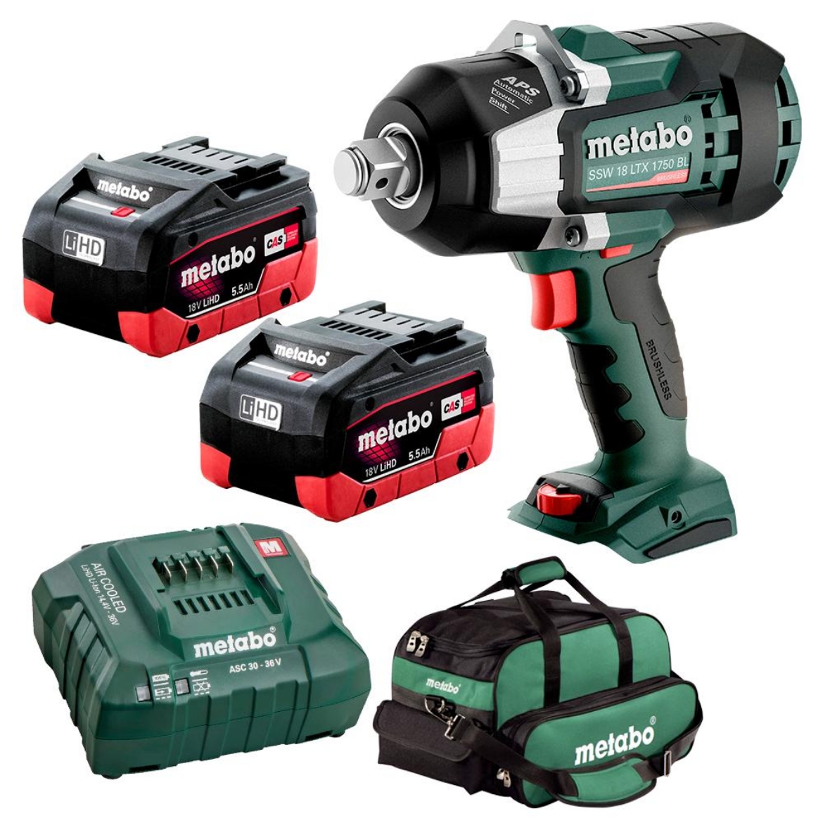 Picture of METABO Kit, 3/4" Impact Wrench, 18V Brushless, 1750 Nm, SSW 18 LTX 1750 BL, c/w 2 x 5.5AH LiHD batteries, & Charger & Bag