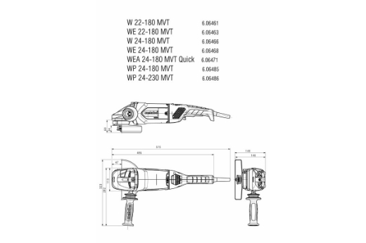 Picture of METABO Grinder, 7"/180 mm, 2400W, 3-position Side Handle, Rotatable Rear Handle, Restart Protection, Soft Start, Overload Protection, Electronic Safety Shut Down, WE 24-180 MVT