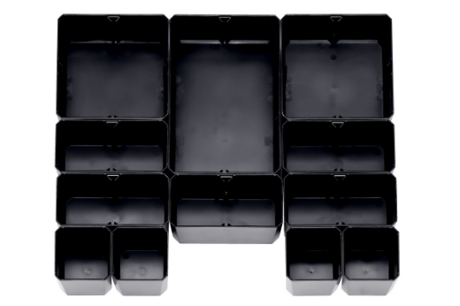 Picture of metaBOX 118 Organiser, Set consisting of 4 of each insertion boxes 1x1 H63 (52 mm x 52 mm x 63 mm); 5x insertion boxes 1x2 H63 (104 mm x 52
mm x 63 mm); 2x insertion boxes 2x2 H63 (104 mm x 104 mm x 63 mm); 1x insertion boxes 2x3 H63 (157 mm x 104 mm x
63 mm)