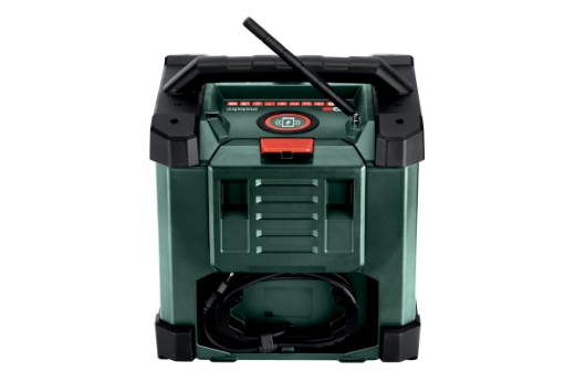 Picture of METABO Worksite Radio/Charger, 12V/18V, FM, DAB+ & Bluetooth. Charges Battery Packs when connect 
to mains power & Mobile Phones via wireless induction or USB-C cable. Can be paired with a second
RC 12-18 32W BT DAB+.