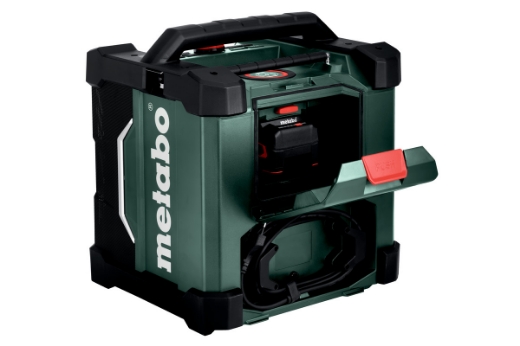 Picture of METABO Worksite Radio/Charger, 12V/18V, FM, DAB+ & Bluetooth. Charges Battery Packs when connect 
to mains power & Mobile Phones via wireless induction or USB-C cable. Can be paired with a second
RC 12-18 32W BT DAB+.