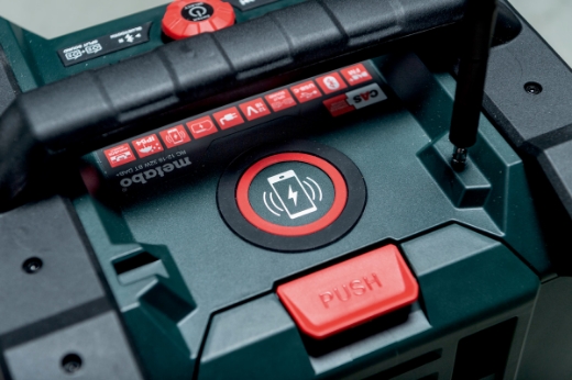 Picture of METABO Worksite Radio/Charger, 12V/18V, FM, DAB+ & Bluetooth. Charges Battery Packs when connect 
to mains power & Mobile Phones via wireless induction or USB-C cable. Can be paired with a second
RC 12-18 32W BT DAB+.
