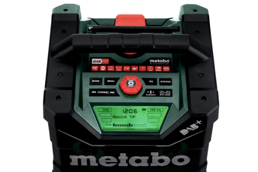 Picture of METABO Worksite Radio/Charger, 12V/18V, FM, DAB+ & Bluetooth. Charges Battery Packs when connect 
to mains power & Mobile Phones via wireless induction or USB-C cable. Can be paired with a second
RC 12-18 32W BT DAB+.