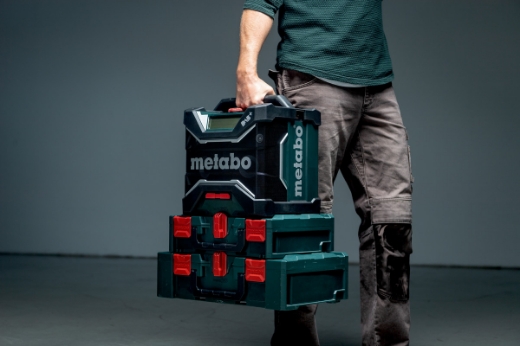 Picture of METABO Worksite Radio/Charger, 12V/18V, FM, DAB+ & Bluetooth. Charges Battery Packs when connect 
to mains power & Mobile Phones via wireless induction or USB-C cable. Can be paired with a second
RC 12-18 32W BT DAB+.