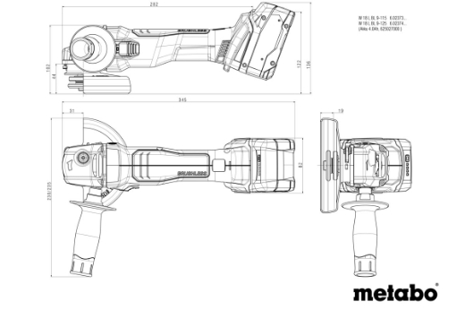 Picture of METABO Grinder, 5"/125mm, 18V Brushless with Electronic Soft Start, W 18 L BL 9-125 - SKIN ONLY