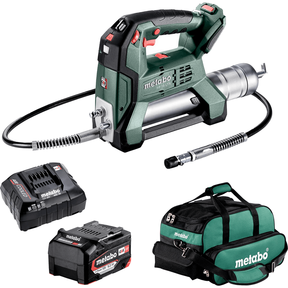 Picture of METABO Grease Gun Kit, 18V, 450/500g, FP 18 LTX, Incl. Battery Charger ASC55, 1 x 5.2 Ah Li-power Battery, 1 x Small Tool Bag