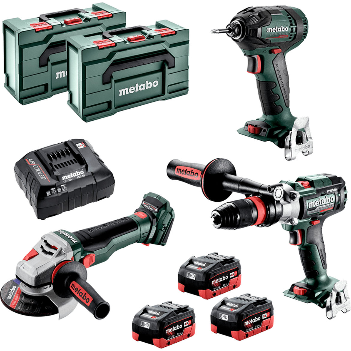 Picture of METABO Kit, 3pce, 18V Brushless, Hammer Drill, Grinder, Impact Driver
• Hammer Drill 3-Speed Quick Plus SB 18 LTX-3 BL Q I Metal
• 200 Nm 1/4” Impact Driver SSD 18 LTX 200 BL
• 125 mm Angle Grinder WB 18 LTX BL 15-125 Quick
• 3 x 5.5 Ah LiHD DS Battery Packs
• Air-Cooled Charger ASC 55
• metaBOX 165 L with deep drawn inlay