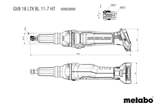 Picture of METABO Die Grinder, 18V BL High Torque with Variable Speed (1500-7000rpm), Spindle Lock & Brake. Equiv.1100W, GVB 18 LTX BL 11-7 HT, SKIN ONLY