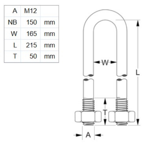 Picture of U-Bolt, 150NB, M12 x 215mm x 165mm ID, HDG