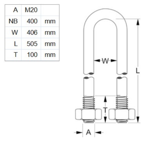 Picture of U-Bolt, 400NB, M20 x 505mm x 406mm ID, HDG