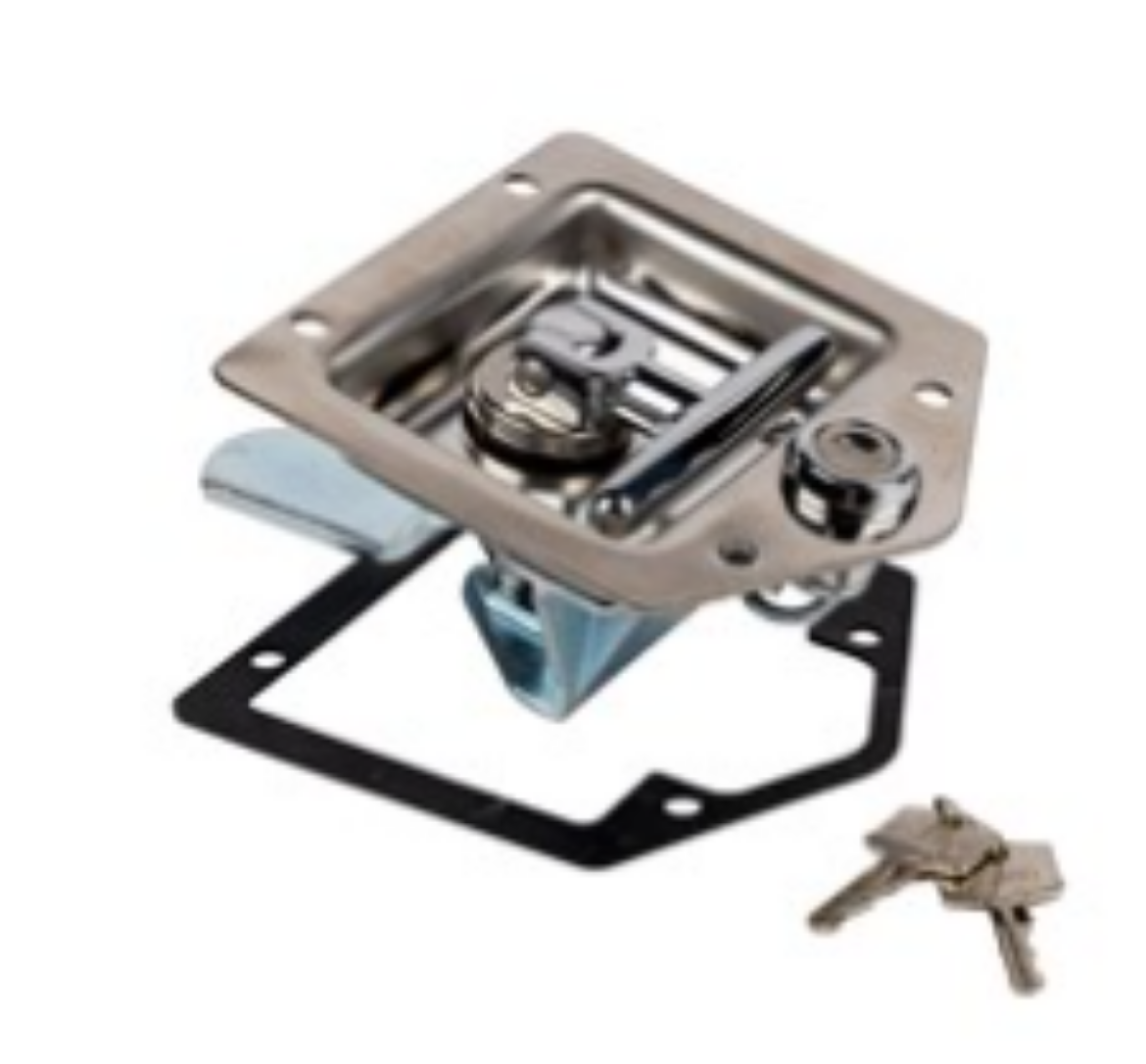 Picture of Drop T Lock, H/D, Bent Tongue, locking, Polished S/S with chrome handle and hub