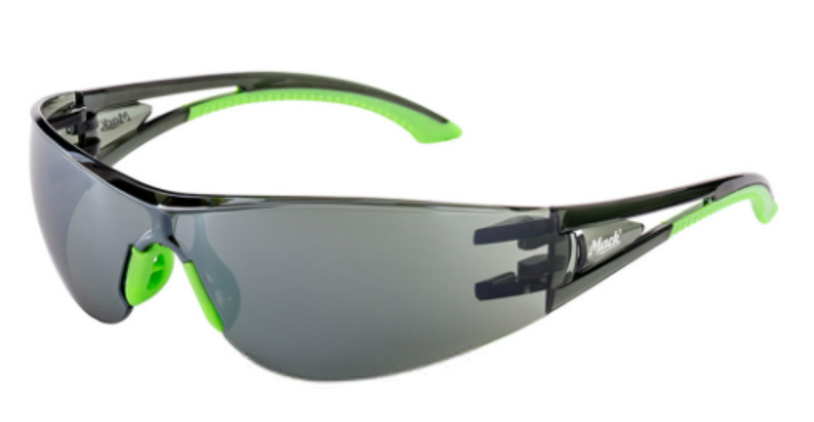 Picture of Mack VX2 Smoke Safety Glasses, Vented side arms, No metal parts, Crystal Smoke Mirror (Green), Anti Scratch/Anti-Fog