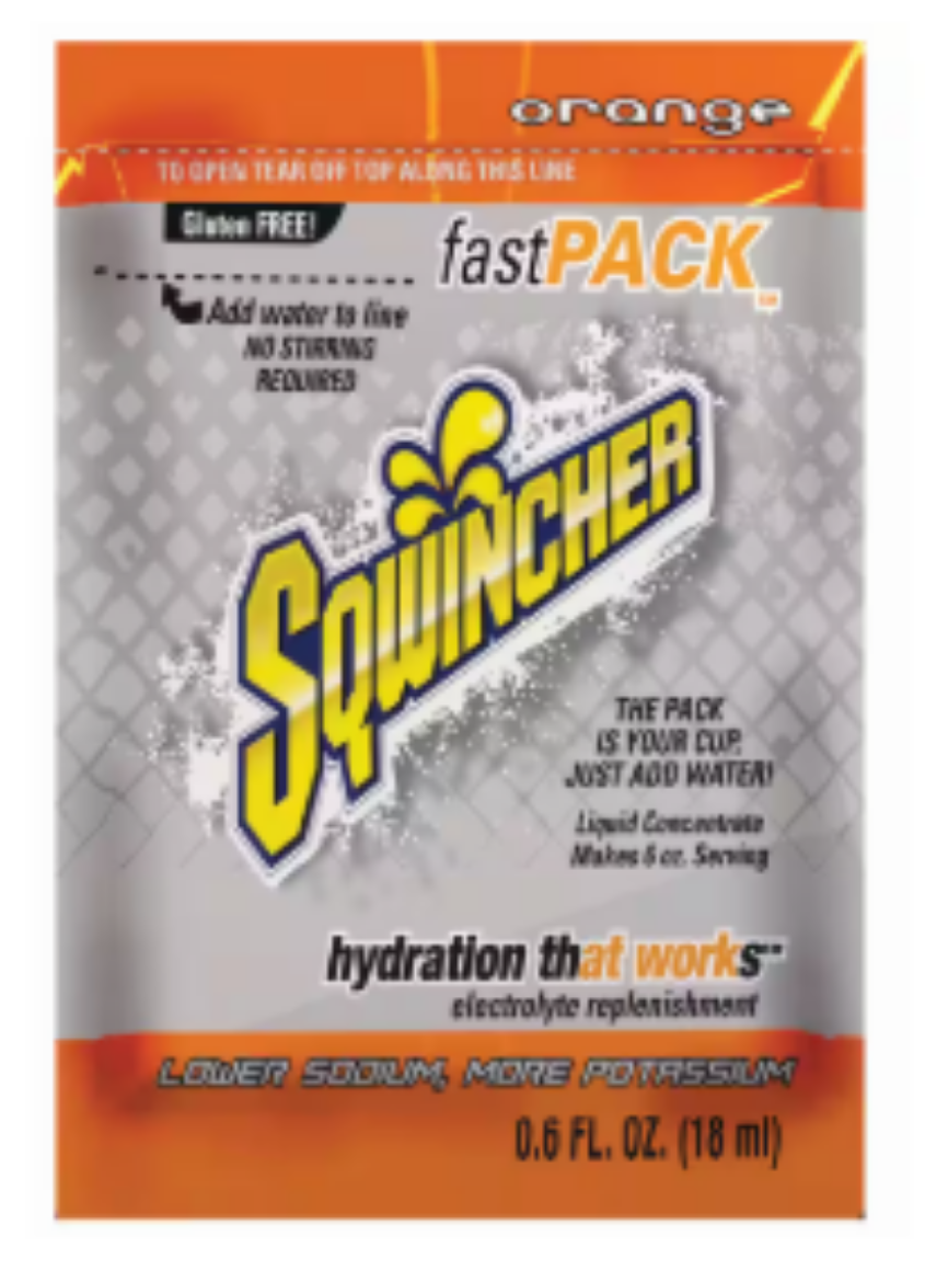 Picture of Sqwincher Fast Pack 180ml (Orange), 50 Satchels per Box.  Packet is the cup, just add water.
