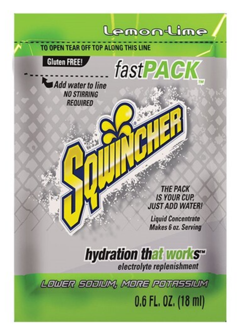 Picture of Sqwincher Fast Pack 180ml (Lemon-Lime), 50 Satchels per Box.  Packet is the cup, just add water.