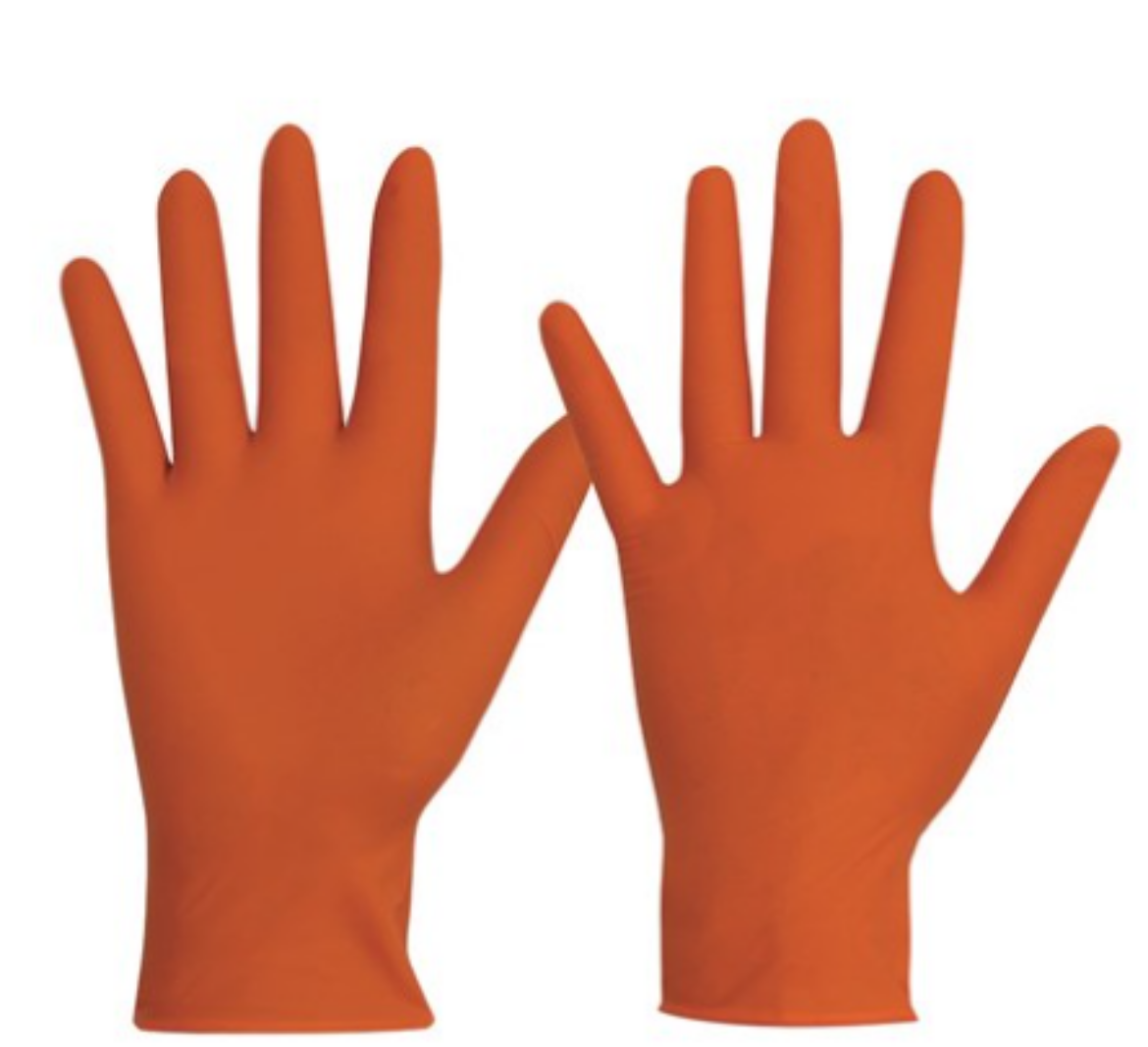 Picture of DISPOSABLE ORANGE HEAVY DUTY NITRILE POWDER FREE GLOVES - LGE, 100 PER BOX