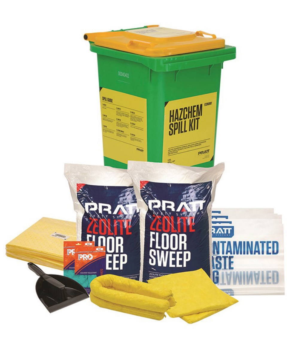 Picture of SPILL KIT ECONOMY 120LTR HAZCHEM (Green Bin), Includes the following:
2 X (FSAP6) Organic All Purpose Floor Sweep 50L/9kg
2 X (BY420) Yellow Hazchem Boom 1.2m
2 X (PY420) Yellow Hazchem Pillow 420g
1 X (DPBS) Dust Pan and Brush Set
30 X (APY300) Yellow Hazchem Absorbent Pad 300gsm
5 X (CWB) Contaminated Waste Bag
2 X (RNF15XL) Green Nitrile Gloves XL
1 X (SKIS) Instruction Sheet