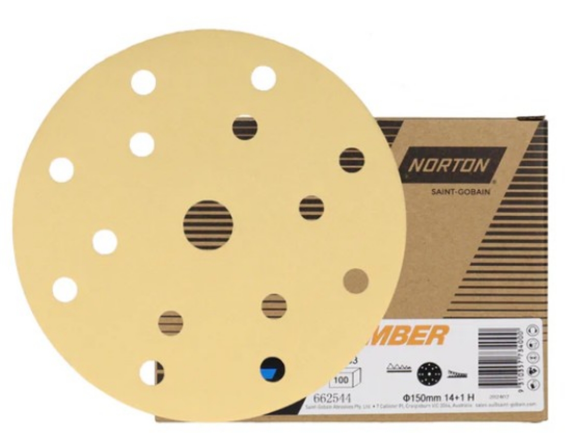 Picture of NORTON, Sanding Disc, 150mm x 14+1H - P320 AMBER NO-FIL SPEED-GRIP DISCS A293, Velcro Backed