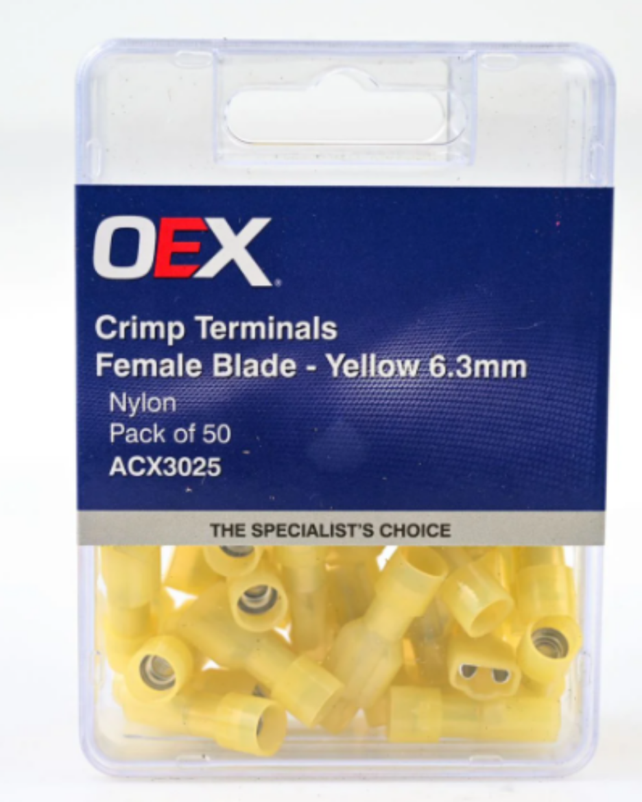 Picture of Crimp Terminal, Female Blade, Yellow, 6.3 x 0.8mm, Pkt.50 (QKC55)