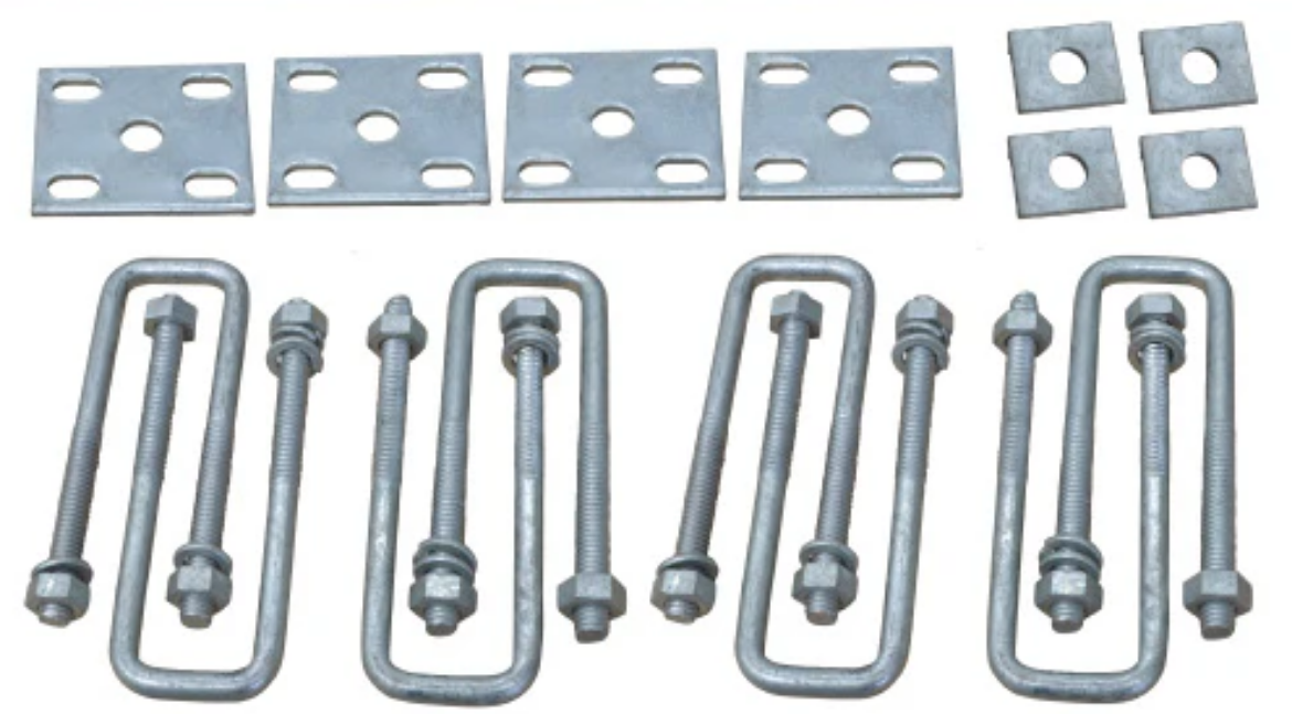 Picture of U-Bolt Kit, 45mm Square, 130mm (5") x 1/2" BSW, 8 x U-Bolts/Nuts, 4 x Fish Plates, 4 x Axle Pads, Zinc Plated, suit 45mm Springs