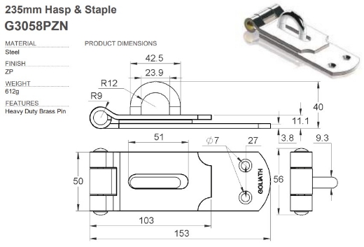 Picture of Hasp & Staple, Heavy Duty Brass Pin, 235mm, Zinc Plated - No longer available