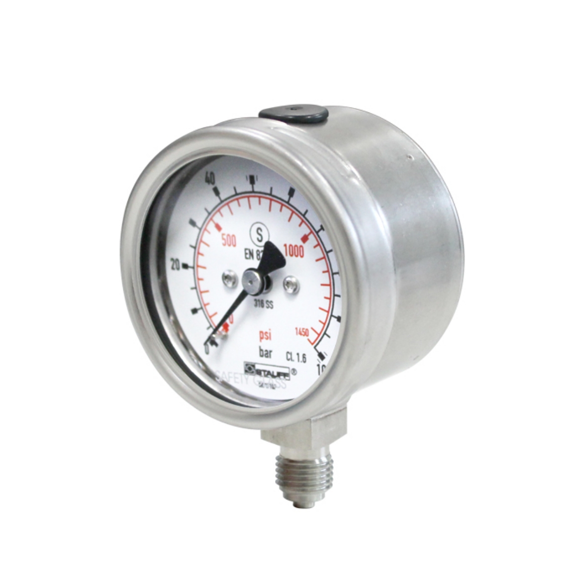 Picture of Pressure Gauge, Accumulator Pressure, 63mm Bottom Entry, 0-100Bar/1450psi, Safety Pattern 1/4" BSPP