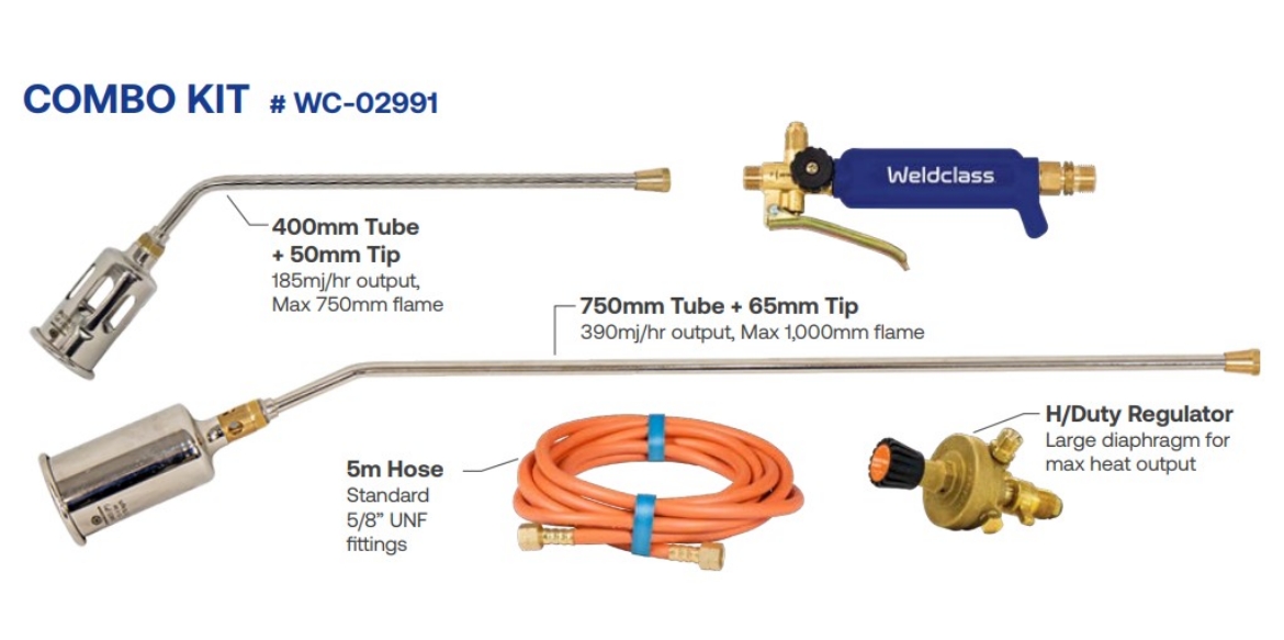 Picture of Burner Torch Kit, LPG, Combo, Handle, 400 & 750mm Tubes, 50 & 65mm Tips, 5m Hose, Regulator