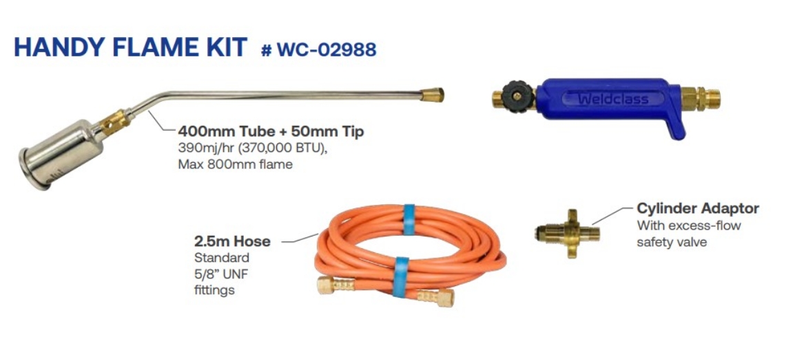 Picture of Burner Torch Kit, LPG, Handyflame, Handle, 400mm Tube, 50mm Tip, 2.5m Hose, Cylinder Adaptor