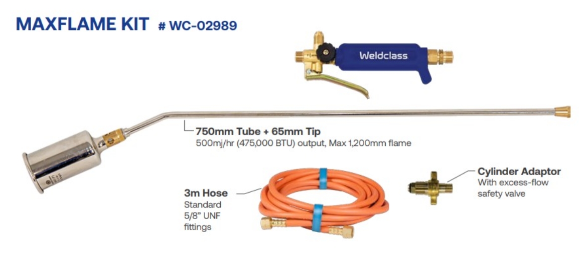 Picture of Burner Torch Kit, LPG, Maxflame, Handle, 750mm Tube, 65mm Tip, 3m Hose, Cylinder Adaptor (Operates on full bottle pressure for max heat output & flame size)