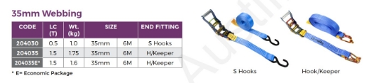 Picture of Ratchet Tie Down, 35mm x 6m, S Hook, LC750kg