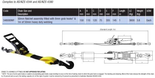 Picture of Web-Dog Load Binder, Ratchet, 8mm Grab Hooks x 1m x 50mm HD Webbing