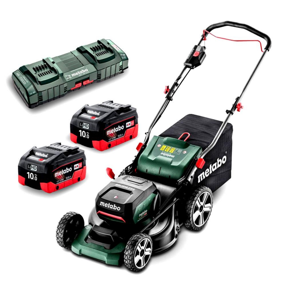 Picture of METABO 2 x 18 V (36 V) BRUSHLESS Lawn Mower 460 mm
(2 x 10.0 Ah LiHD Battery Packs, ASC 145 DUO Air-cooled Fast Charger)