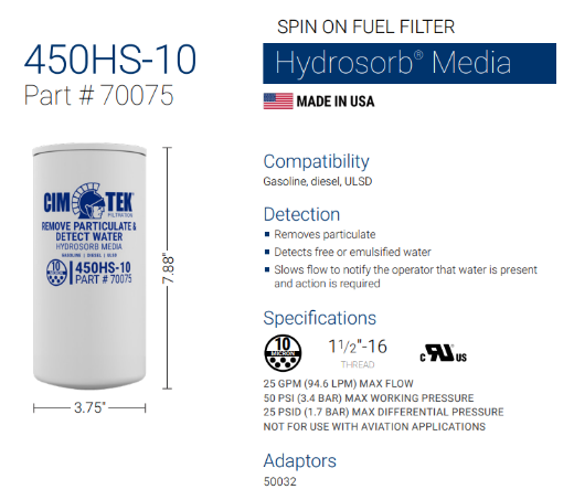 Picture of Filter, Fuel/Water Separator, CIM-TEK 93 LPM. 1" BSP High Flow - water absorbing 10 micron, Suits EFHD-9010W-25 Filter Head