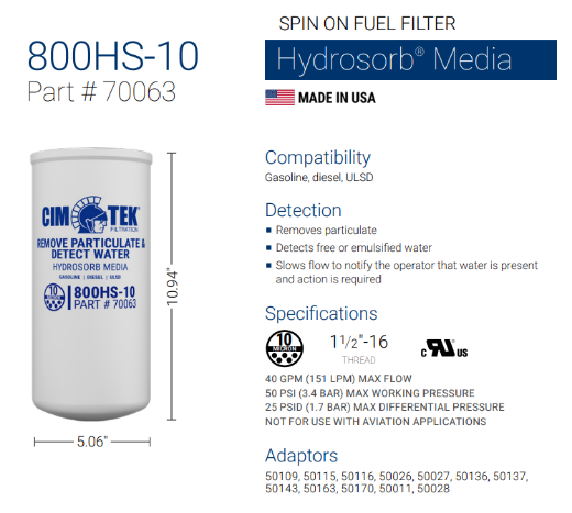 Picture of Filter, Fuel/Water Separator,(Filter only) CIM-TEK HYDROSORB #70063
Suit EFHD-15010W-25, EFHD-15010W-40 and EFHD-30010W-50